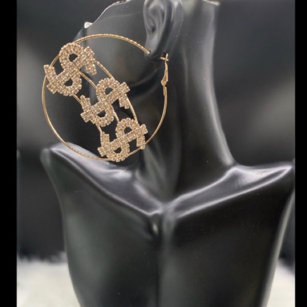 NEW, Gold w/ rhinestones , Costume, “Money” Hoops